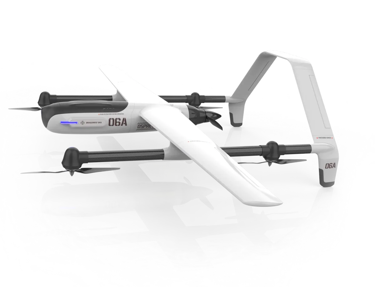 Official Dragonfly UAS Osprey fixed-wing VTOL aircraft rendering with wings, tail, and lift propellers.