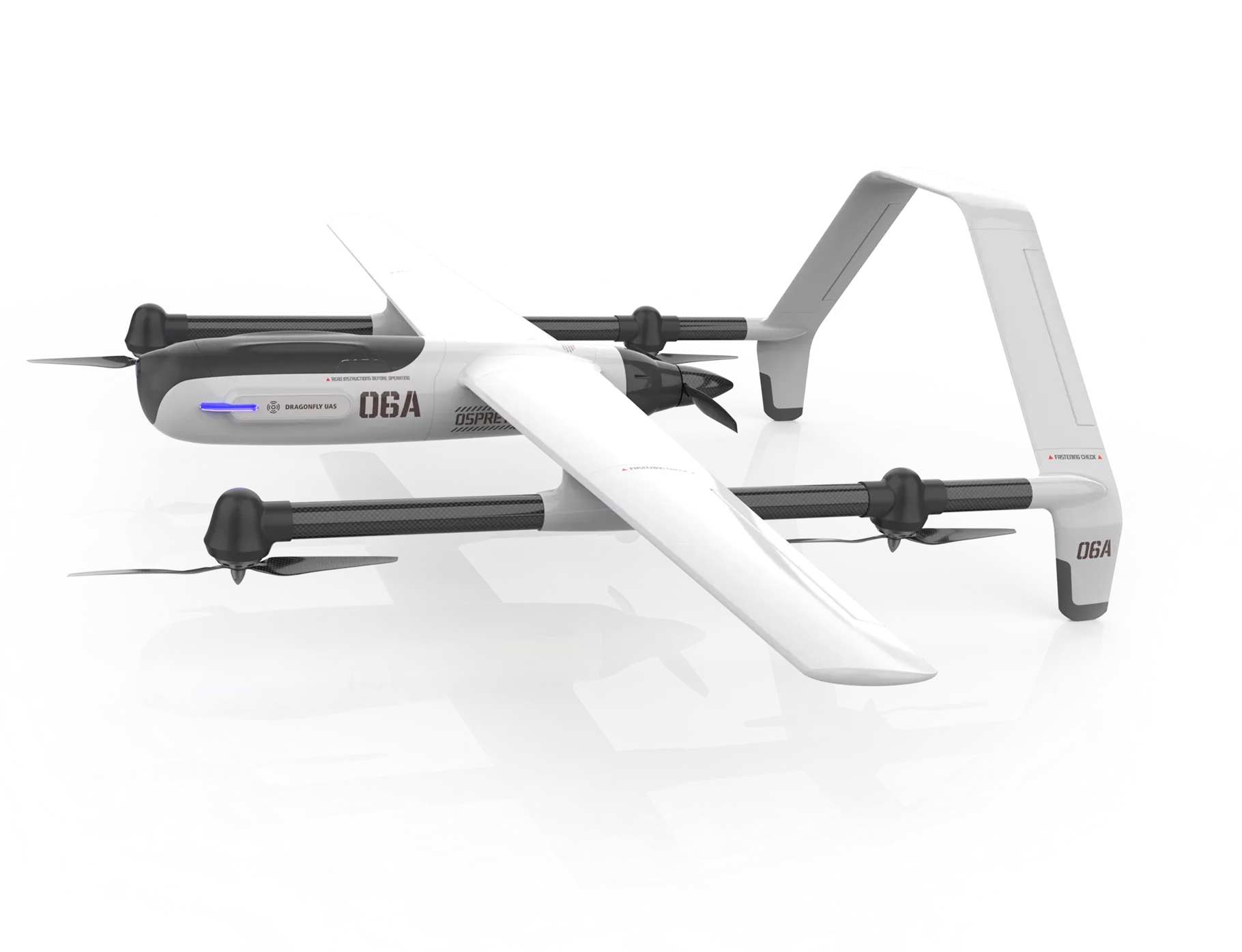 Official Dragonfly UAS Osprey fixed-wing VTOL aircraft rendering with wings, tail, and lift propellers.