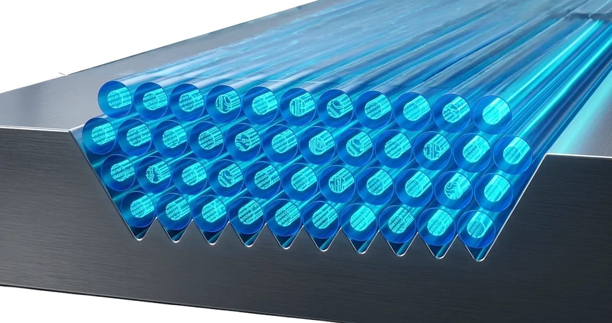 Largan’s illustration of a blue multi-row optical fiber array seated in a grooved carrier.