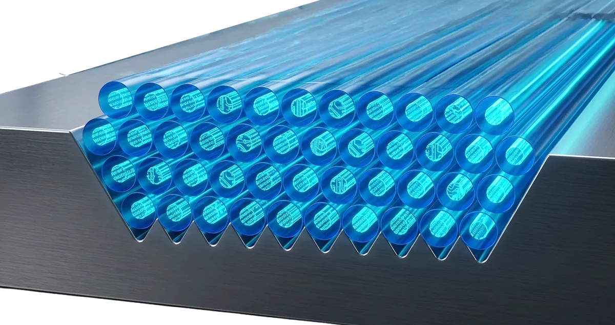 Largan’s illustration of a blue multi-row optical fiber array seated in a grooved carrier.