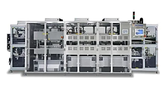 Front view of Eternal Precision Mechanics’ CVP-1700SP three-stage vacuum laminator against a white background, with an operator control panel on the right.