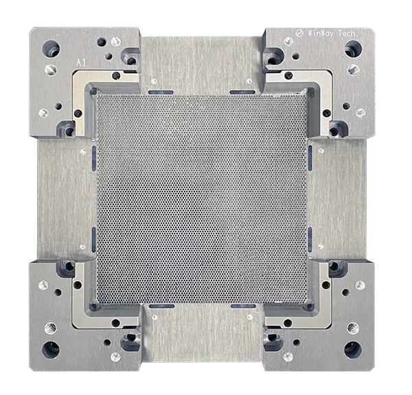 Front-view product photograph of WinWay’s coaxial spring-pin test socket, showing a silver metal frame, a dense array of openings, and the WinWay Tech. logo.